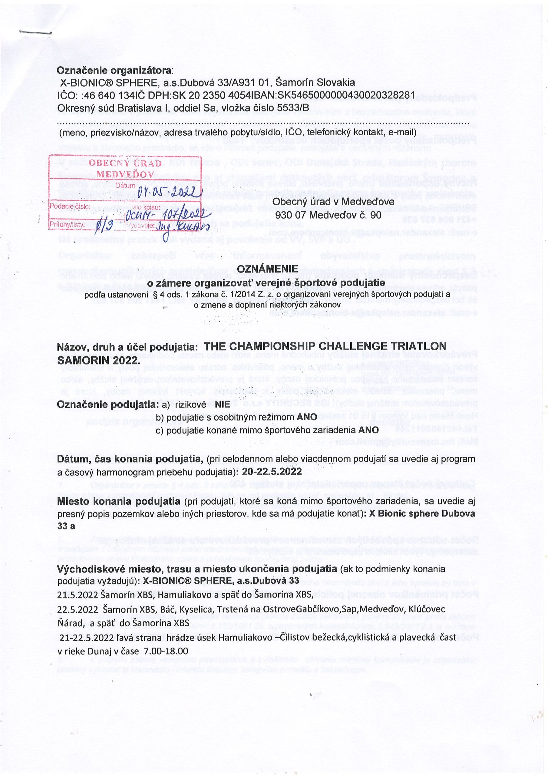 Oznámenie o zámere organizovať verejné športové podujatie strana 1